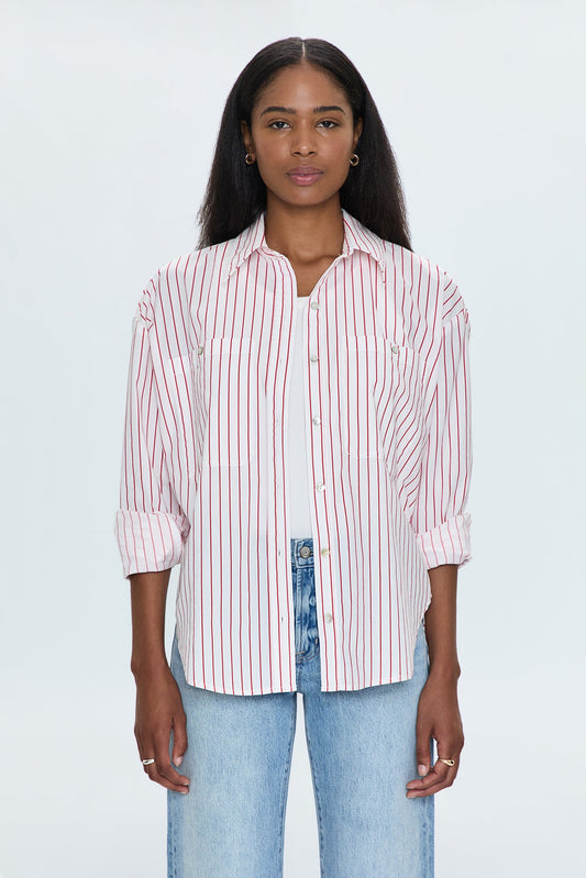 Samantha Oversized Button Up Shirt - Ruby Stripe